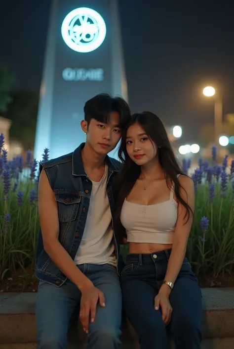 Real Pict of a Beautiful Korean Woman Wearing a White Crop Top, Long Jeans Pants, Long Straight Hair Sitting in the Park with a handsome man named "Jimin" wearing a jeans vest, jeans pants Long black color, night, behind it there is a monument statue of a ...