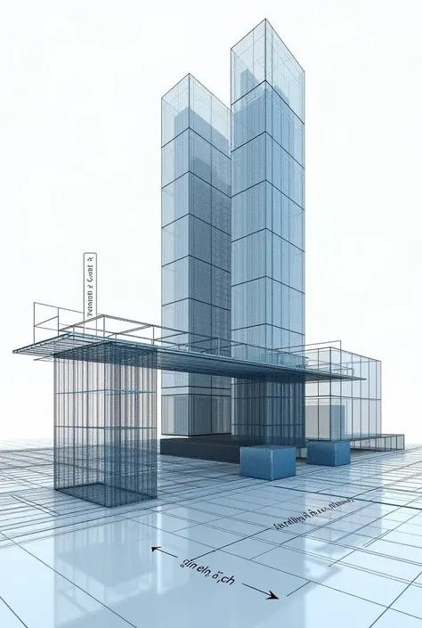 An image showing a building with a finite element mesh ,  superimposed together with a free-body diagram of a beam and the corresponding linear equations