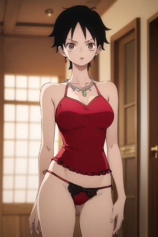 (masterpiece, best quality), beautiful face,  monkey_d_luffy, Luffy female, scar under eye, genderswap, brown eyes, lingerie, diamond necklace, emerald earrings, in the hall