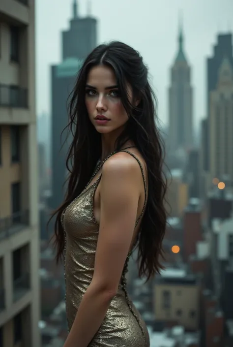 Create a photorealistic scene of a woman in a metallic dress emphasizing her beautiful figure, standing on top of a vintage high-rise, she is looking at the camera. Long thick hair, beautiful makeup, expressive eyes, piercing gaze. Use overcast lighting to...