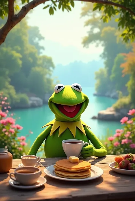 Kermit, The Muppet frog says good morning while having breakfast in a beautiful place