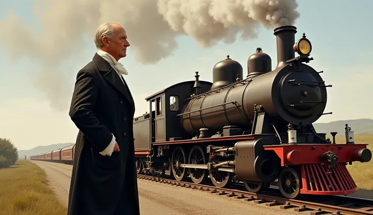 A side profile of Richard Trevithick standing proudly next to the Penydarren locomotive, with steam rising from the engine