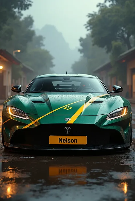 I can create an image of a V8 car with a yellow license plate that has the name "NELSON" on it, along with the Tanzanian flag.

