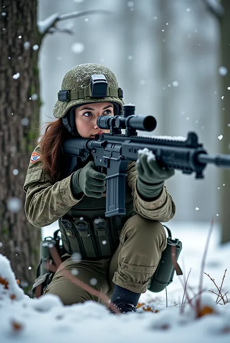 Create a Military girl sniper aims at the enemy in the winter forest