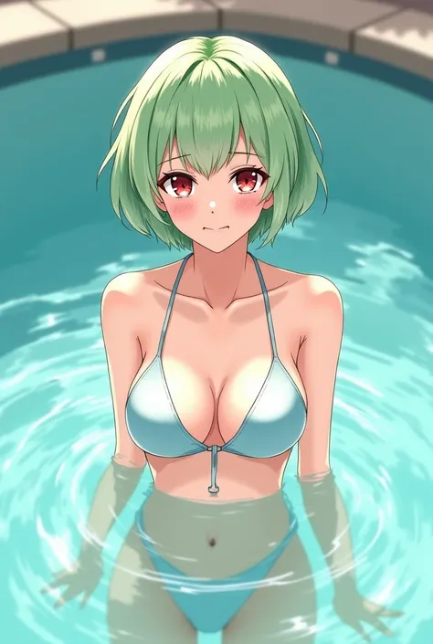  Adult girl with short light green hair and red eyes  ( DRESS:  bikini).  in the pool. In the style of anime Shojo-Josei .  Let the drawing be like a sketch .