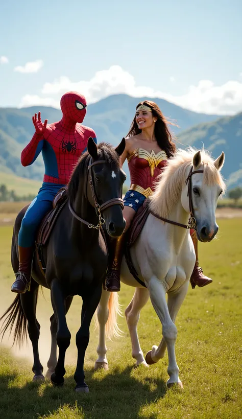 Spiderman and Wonder Woman are riding side by side on majestic horses, sharing a moment of joy and camaraderie. Spiderman, in his iconic red-and-blue suit, sits confidently on a sleek black horse, his posture relaxed as he glances over at Wonder Woman. She...