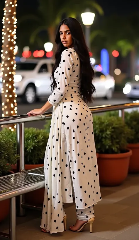 Full shot of kim kardashian posing outdoors at night, show body curves,back side view, 


She is light-skinned with long, dark hair styled in a way that frames her face. She is wearing a Pakistani traditional salwar kameez white with black Polka Dots colou...