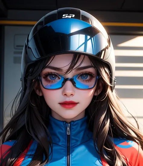 woman is smile, helmet, long hair brown, normal, she is solo, from alternative world ,best quality, realistic, cycling blue and black color suit and cycling sports shorts, she is stand, makeup face, red lipstick , smart glasses eyes