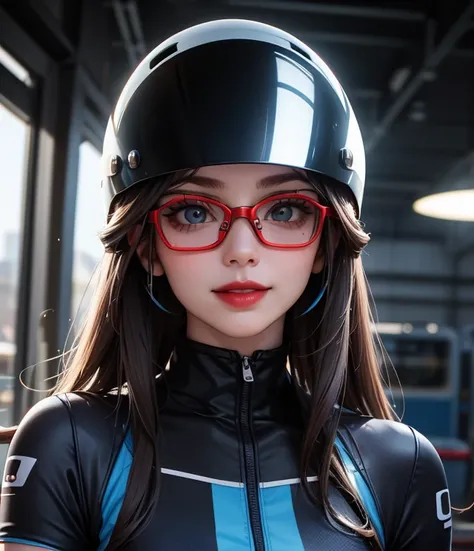 woman is smile, helmet, long hair brown, normal, she is solo, from alternative world ,best quality, realistic, cycling blue and black color suit and cycling sports shorts, she is stand, makeup face, red lipstick , smart glasses eyes