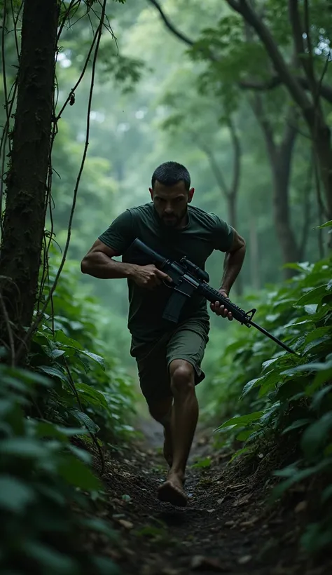 "A dramatic scene set in a dense jungle, where a man is running through thick underbrush, clutching a rifle tightly in his hands. The jungle is lush and dark, with towering trees and tangled vines blocking the light. The man's face is intense, his eyes foc...