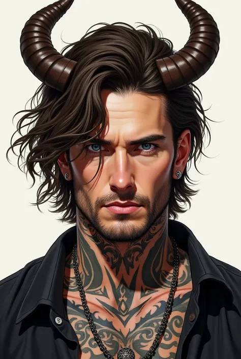 Man with wavy brown hair that goes up to his chin blue eyes neck and chest tattoo ear piercing and septum with horns semi-realistic illustration 