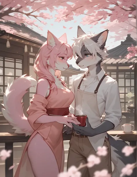 Two Furry , Sexy, blushing, couples, holding hand, male furry, female furry, cherry blossom. Coffee cafe