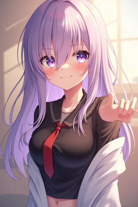 
"The image depicts a young female anime character with long, flowing lavender hair that gently falls over one of her eyes. Her striking purple eyes are warm and expressive, complemented by a soft smile that enhances her gentle and inviting presence. She w...