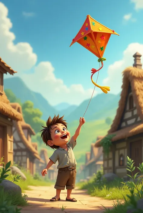 a boy plays a kite in the village