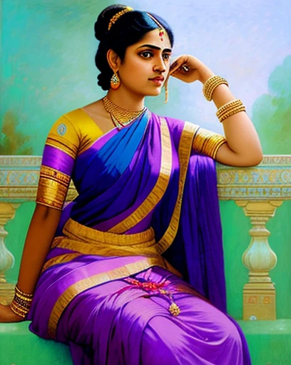 Reclining  Tamil Lady by artist Raja Ravi Varma, Realistic, , ultra-detailed, intricate,Unreal Engine, midjourney art style impressionism, abstract, (oil painting , dry brushstrokes), negative space, vibrant colours, best quality, 