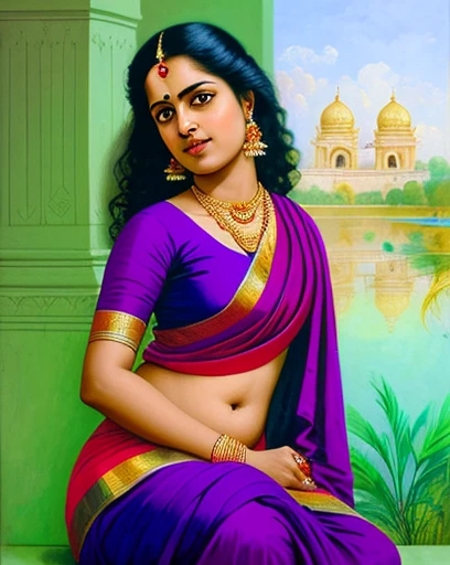 Reclining  Tamil Lady by artist Raja Ravi Varma, Realistic, , ultra-detailed, intricate,Unreal Engine, midjourney art style impressionism, abstract, (oil painting , dry brushstrokes), negative space, vibrant colours, best quality, 