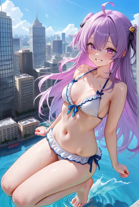 A giantess looks all over the city without shoes in a swimsuit