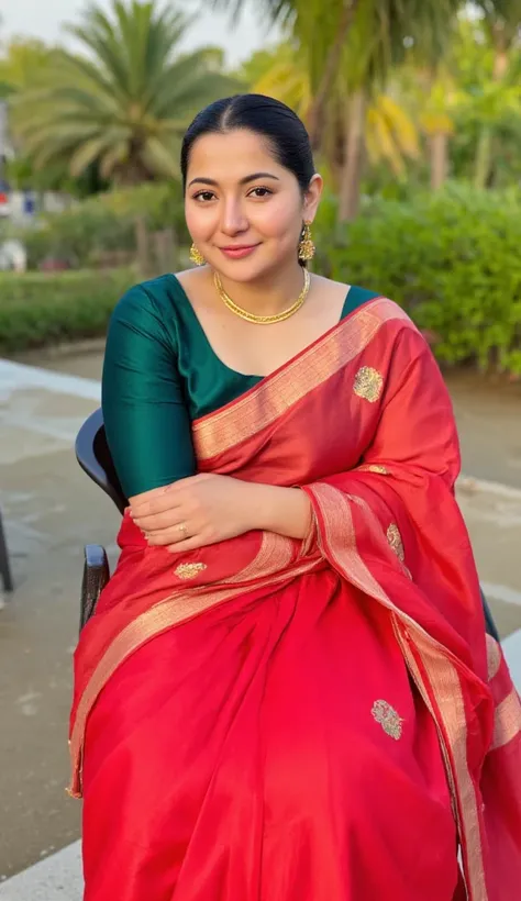 A malayali house wife, in red satin saree and dark green cotton blouse , ethnic saree fashion photo shoot, wearing beautiful earring and gold chain in neck, sitting pose in chair, looking at camera, garden as back ground , morning lighting.