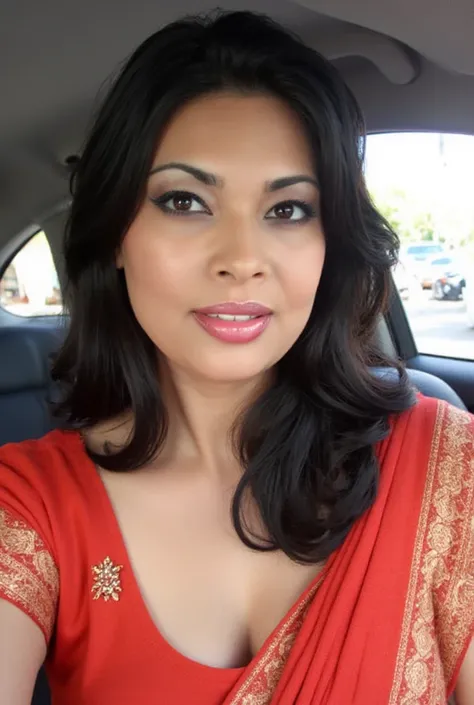 Big breast chubby Indian wife in saree taking selfie in bindi inside car