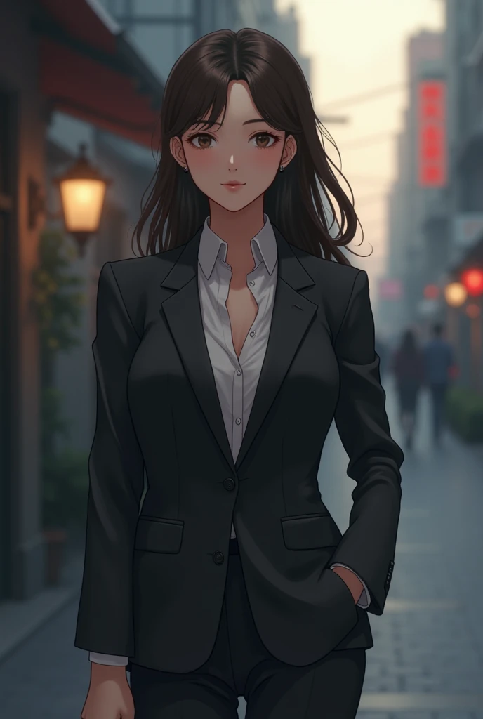 A woman around 25 years old in the style of Makoto Shinkai. Married. Wearing a suit.







