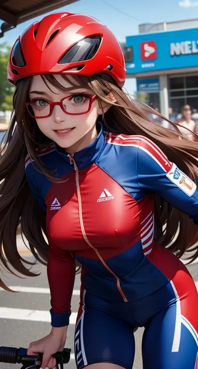 woman is smile, helmet, long hair brown, normal, she is solo, from alternative world ,best quality, realistic, cycling blue and red color suit and cycling sports shorts, she is stand, makeup face , smart glasses eyes