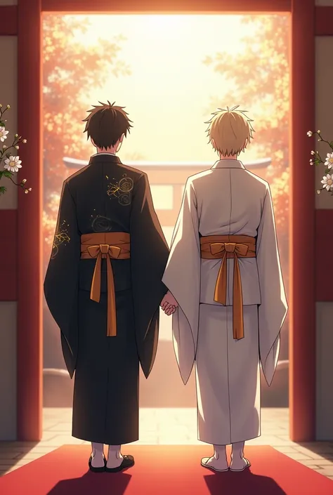 Create an image of two men getting married at the altar at a Japanese wedding looking straight ahead,  holding hands, one boy in black kimonos with eye details and another boy in white kimono and gold details, perspective from afar ,  anime style