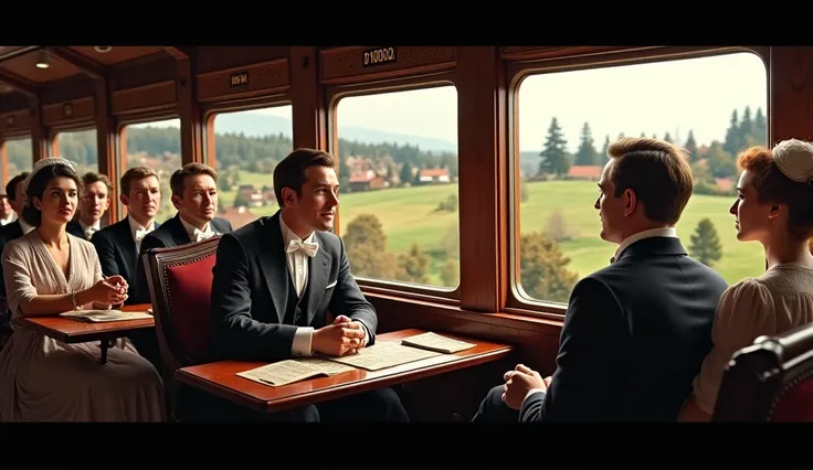 Passengers inside an 1830s train carriage, chatting and marveling at the modern marvel while the countryside rushes by outside