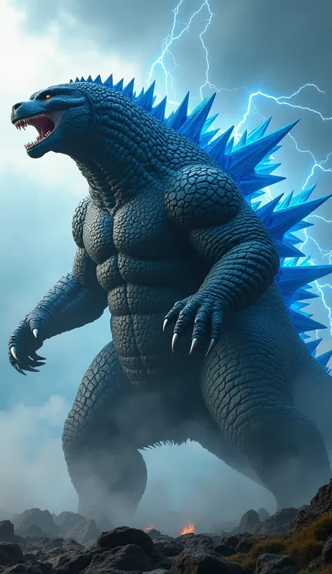 Create a hybrid creature that combines the unstoppable power of Godzilla with the brute strength of the Thunderback Bear. Imagine a towering kaiju with a massive, hulking frame covered in thick, armored scales infused with crackling storm energy. Its colos...