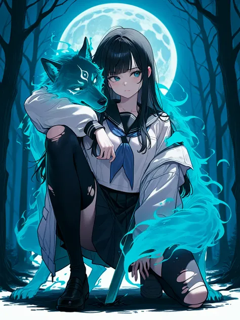 Anime girl in a torn Japanese sailor school uniform and a white jacket, with long black hair and bangs, pale skin. She's on her right knee. There is a full moon overhead. She gives off a blue aura. On his shoulder is the spirit of an embittered wolf, blue ...