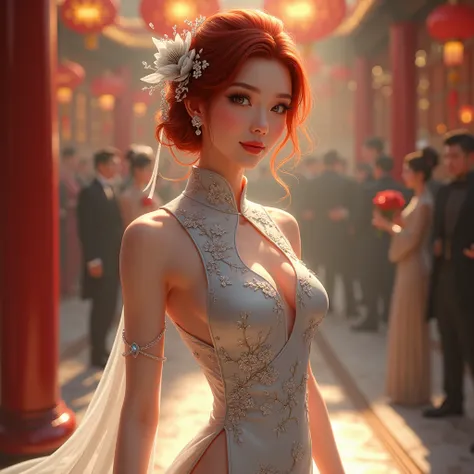 [In semi-realistic digital painting, 2D]
Aurelian radiated an ethereal beauty as she graced the Chinese New Year party in the Jiehao Kingdom, wearing a stunning silver cheongsam that seemed to shimmer like moonlight. The intricate floral patterns embroider...