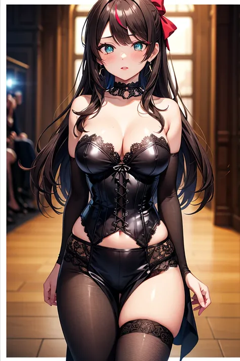 A beautiful girl in a corset and stockings walking down a catwalk, anime girl, 1girl, (20 years old girl), (aged up), a light skinned girl, dark brown hair, streaked hair, long bangs, hair intakes, long hair, wavy hair, swept bangs, shiny hair, high ponyta...