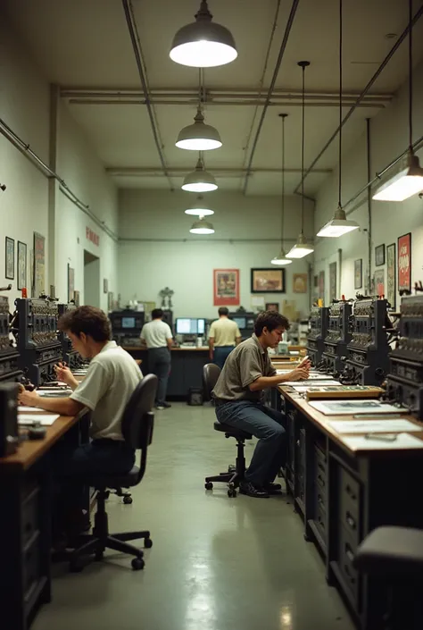  Printing studio from the 70s and 80s :  A spacious room with high ceilings and with simple walls.  In the center are large presses with levers and buttons . Desk workers ,  use pencils and rulers for layouts .  Lighting — ceiling lamps .  Designers and wo...