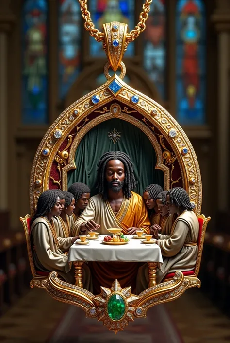 Solid gold custom 3D detailed Cathedral charm pendant depicting the last supper with black jashua with dreadlocks in the middle of all twelve black disciples sitting at the table encrusted in diamonds sapphires ruby's emeralds crystals and gems