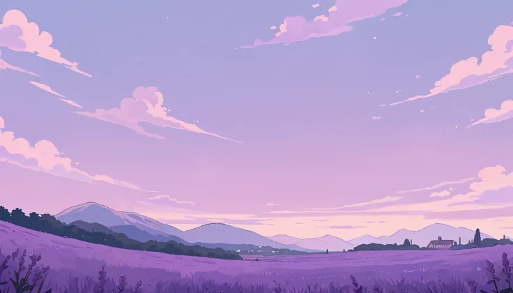 LAVENDER landscape , Pastel Purple Colors ,,Ghibli style ,Lofi ,cute ,Cozy , Landscape Wide Field