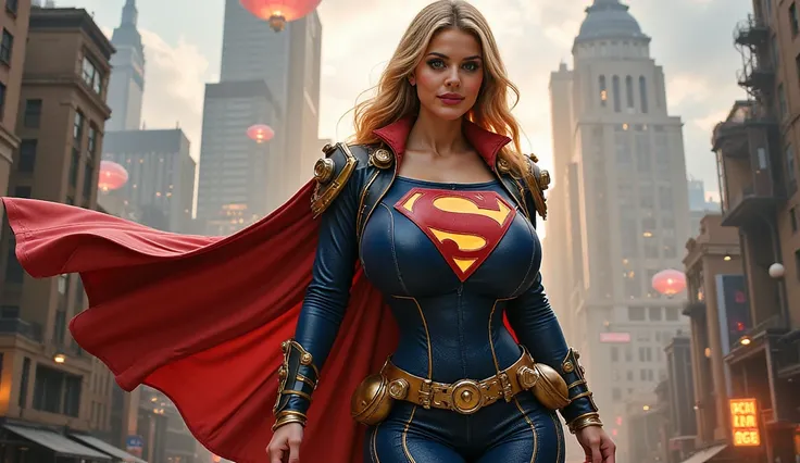 "Create a steampunk futuristic Supergirl, dressed in an intricately detailed Victorian-inspired suit made of brass and leather, adorned with clockwork gears, pipes, and glowing neon accents. Her cape is reimagined as a mechanical wing-like design with stea...