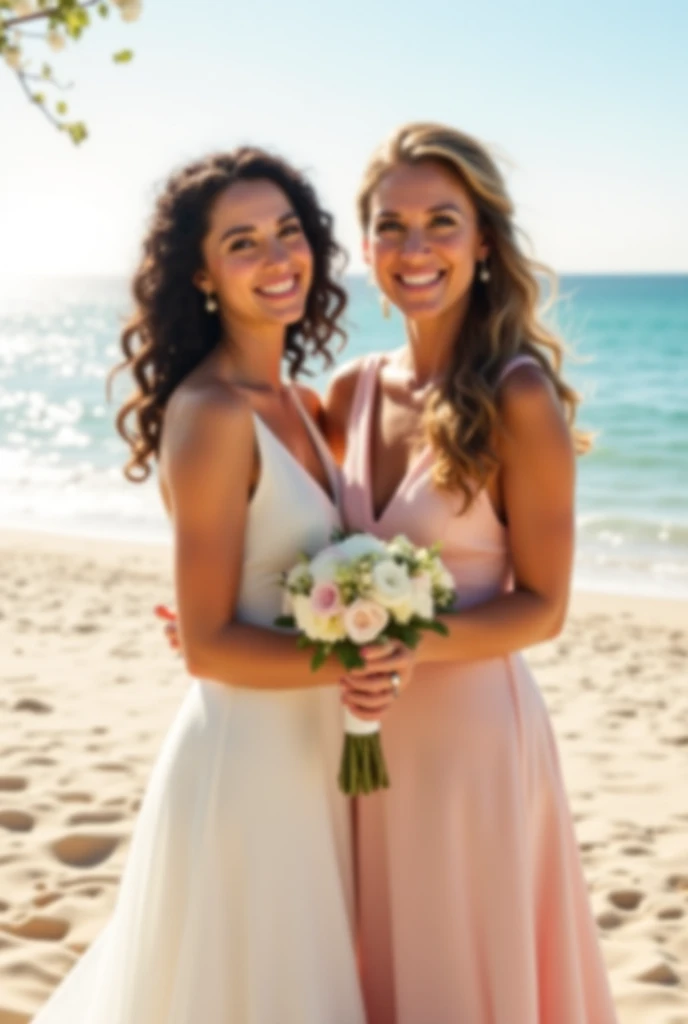 Two women getting married on the beach, a brunette with black hair with shoulder length curls and the other woman with a white complexion but brown length up to the highest hips.