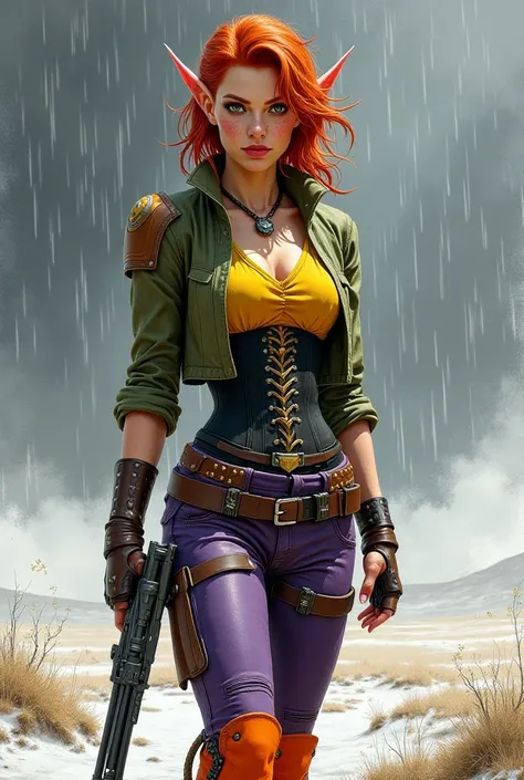 a graceful elven woman in her thirties with medium length red spikey hair, big green eyes, freckles, yellow blouse, black and gold corset, olive green cropped jacket, purple leather pants, orange combat boots, holding a rectanguralry shaped futuristic look...