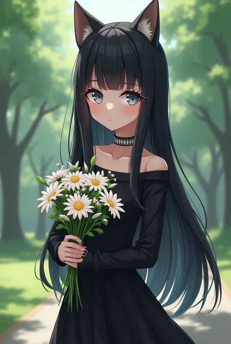 Beautiful Girl with Black Hair, Cat Ears, Black Dress, Odd Eye, Cute Girl, Long Hair, Smooth Hair, Background, Park, Anime Illustration, Holding a Bouquet