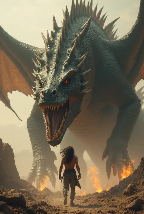 A monstrous dragon is confronting a long-haired man wearing a single pair of trousers