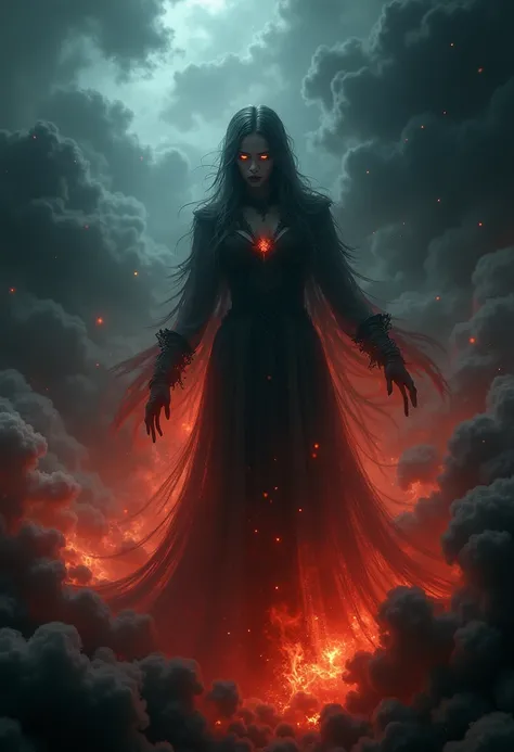 From the depths of swirling storm clouds emerges an otherworldly presence, eyes glowing like burning embers in the darkness. Ethereal smoke and supernatural flames dance around the ethereal form, creating a mesmerizing display of crimson and obsidian hues....