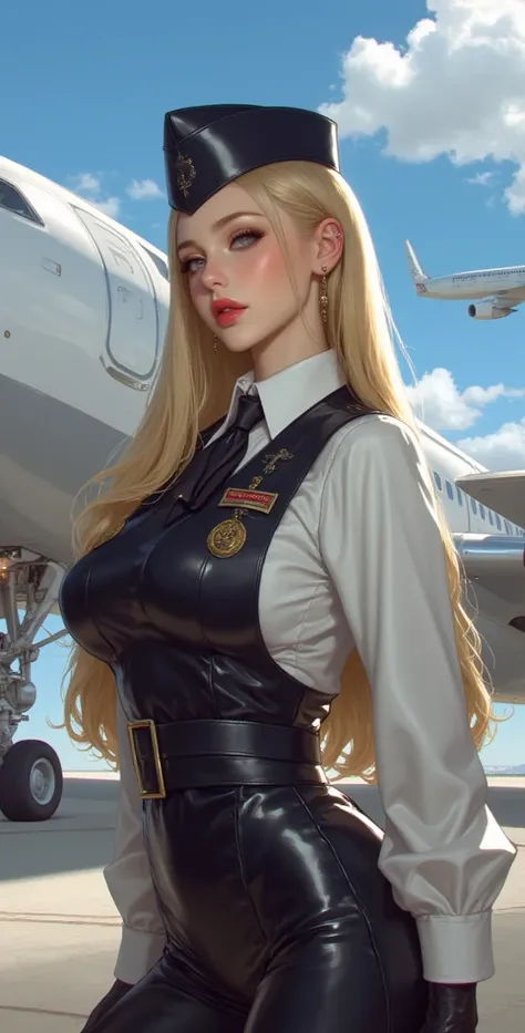  high resolution,  best quality,  high detail,  high quality, full frame,full length , full length girl, Blonde hair,  straight hair , Breasts, earrings,  blue eyes, makeup, scarlet lips, flight attendant uniform,Posing in front of an airplane.