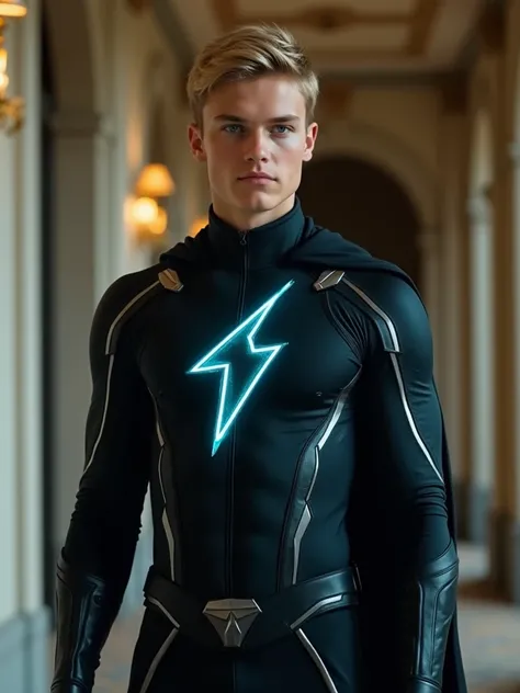 A full body image of  of a seventeen year old blond brazilian guy with blue eyes dressed in a stylized Black-blue costume,  clearly inspired by the Green Arrow (Oliver Queen), the DC Série superhero. The costume features silver-blue details that resemble l...