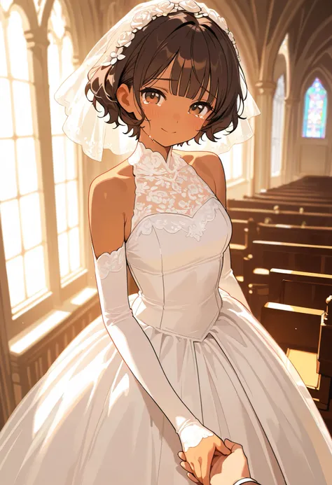 masterpiece, best quality, score_9, score_8_up, score_7_up, score_6_up, score_5_up, score_4_up, source_anime, 1girl, wavy hair, short hair, dark brown hair, brown eyes, straight bangs, brown skin, wearing a bride dress, in a church, crying while smiling, l...