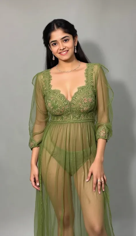 Beautiful sexy  indian bride bhabhi posing, gorgeous, photoshoot pose, portrait, wearing Women's green Sexy Sheer Cover Up Side Split Baby Doll Dress See Through Dress Honeymoon Beachwear See Through Dress for Woman Beach Dress Plus Size,Showing deep massi...