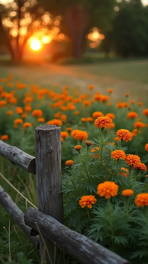 This image is a photograph of a rustic wooden fence bordering a field of orange marigolds, with the setting sun visible in the background. Let's analyze its key features:

Style and Technique: The style is idyllic and romantic, emphasizing the beauty of a ...