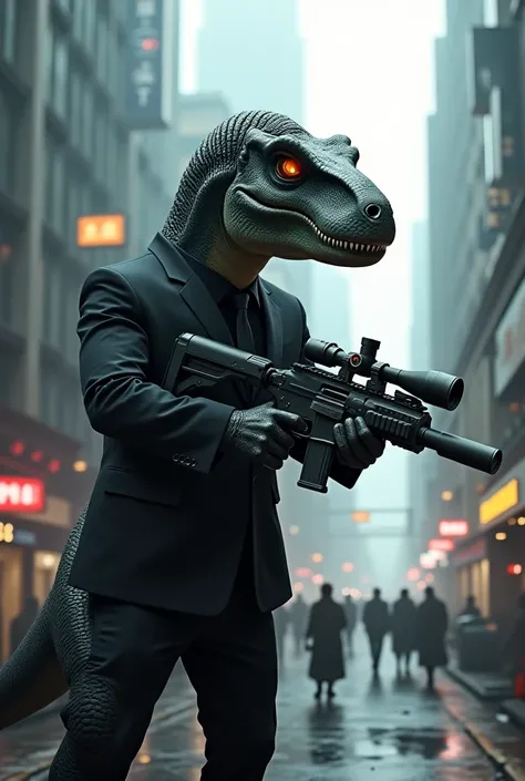 Dinosaur in dark black suit holding a machine gun with scope on a street of the future 