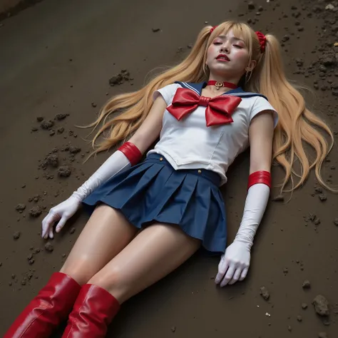 Hyperrealism, masterpiece, highest quality, A young Japanese woman is laying down flat on the dirt, painful face, ((Wearing a Sailor Moon costume, Being restrained)), ((Blue sailor collar, Blue mini pleated skirt, Long white gloves, shiny beige color panty...