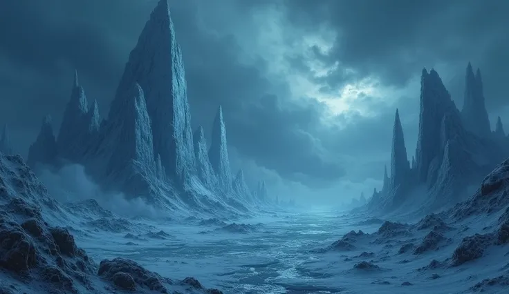 "Create a dystopian landscape set in a dark era where the world is covered in endless ice. Towering jagged ice blocks stretch as far as the eye can see, illuminated by a dim, eerie glow from a hidden light source. The sky is filled with swirling dark cloud...