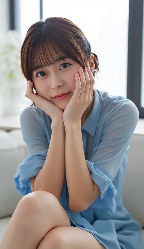  photograph her from a low angle  、 Leaning forward、 wear a loose open shirt with a bare top  ,  stares at the camera,  teeth clenching,  put your hands under your chin to show a natural smile 、 when sitting on the couch 。  loosely tied ponytail 、 soft ban...