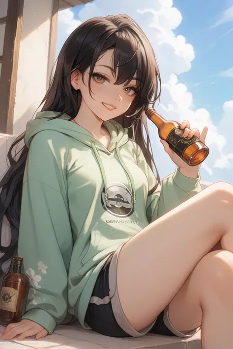 A high-quality anime illustration of a girl in a casual, carefree pose, clearly a bit drunk. She’s holding a bottle of alcohol loosely in one hand, her fingers curled around it with a slight unsteadiness. Her other hand is resting at her side, and her body...